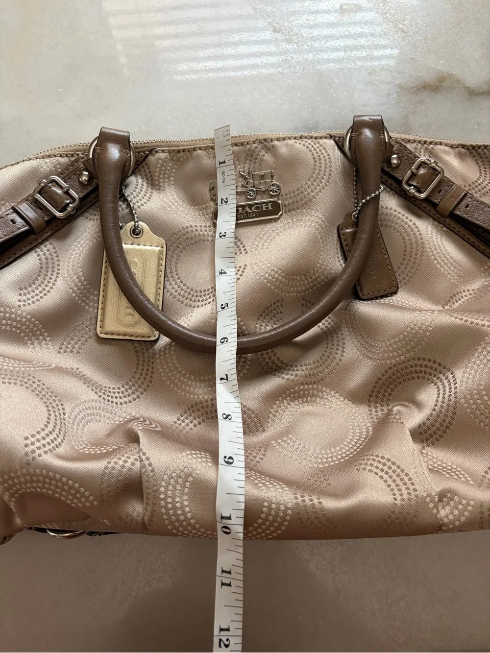 Coach Beige Signature Quilted Satchel with Brown Leather Trim